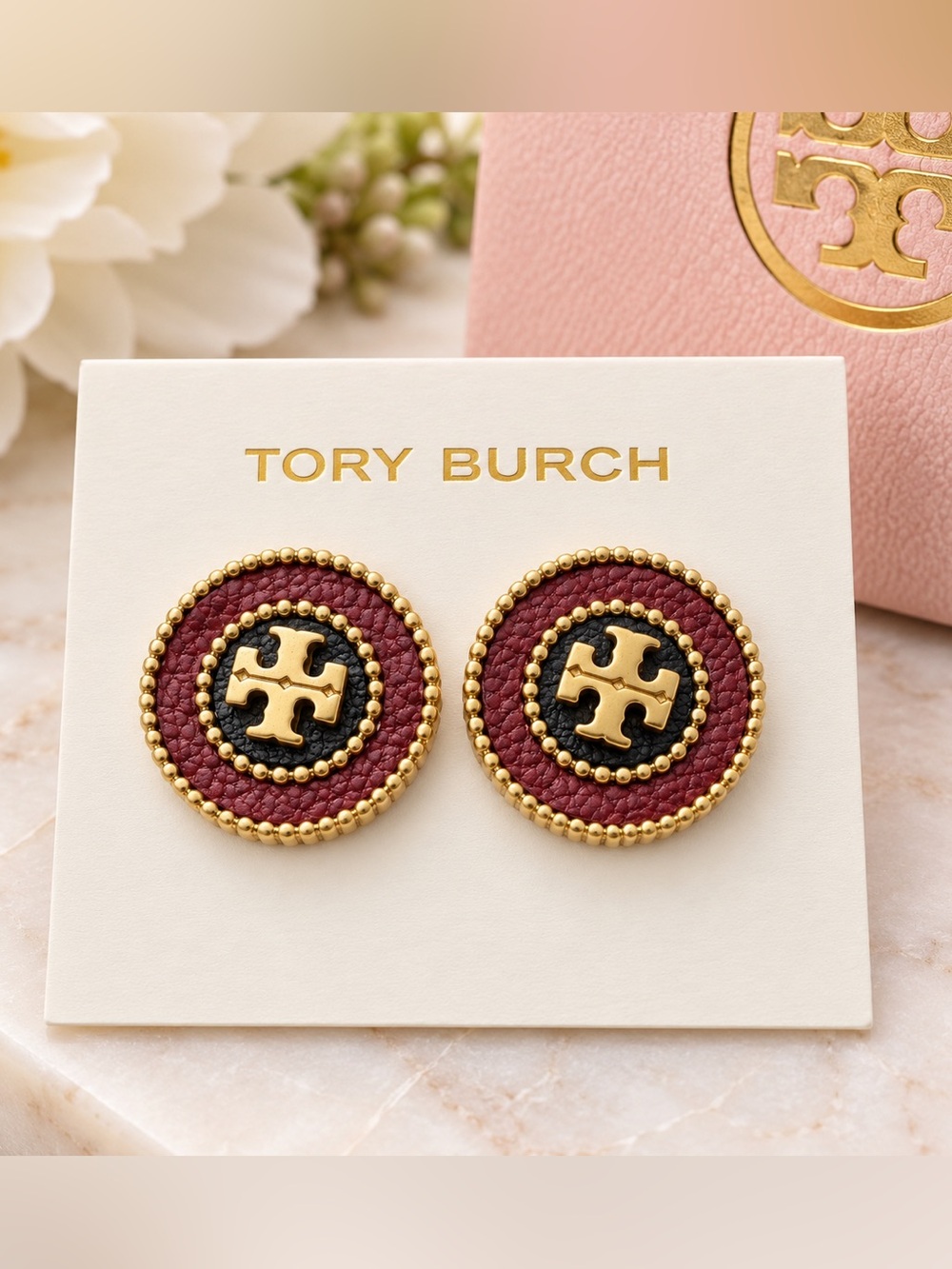 Tory Burch Gold-Tone Logo Stud Earrings with Burgundy and Black Enamel